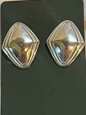 Vintage Monet Silver Geometric Clip On Earrings 1980s Puffy Diamond Statement